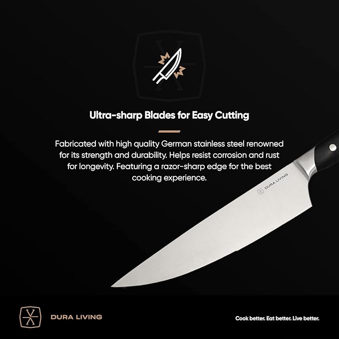 DURA LIVING 3-Piece Kitchen Knife Set – Ultra-Sharp German Stainless Steel, 8” Chef, 5” Utility, and 3.5” Paring Knives with Ergonomic Handles, Multipurpose Kitchen Knife Set, Black