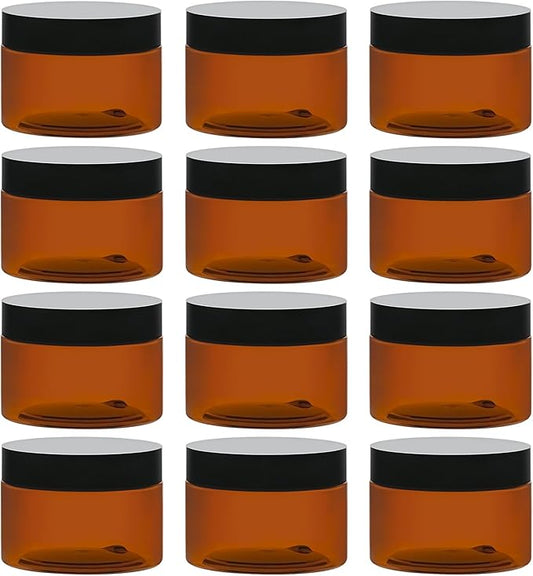 TUZAZO 4 Oz Amber Plastic Cosmetic Jars Leak Proof Small Container with lids for Cream, Lotion, Powder, Ointments, Beauty Products, 12 Pcs