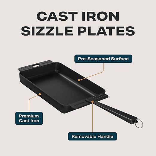 CURRENT® Cast Iron Sizzle Plates 3-Piece Set - Deep Pan, Shallow Pan, Grill Pan with Removable Handle, Pre-Seasoned, Heat Retention, Compatible Model P Pizza Oven