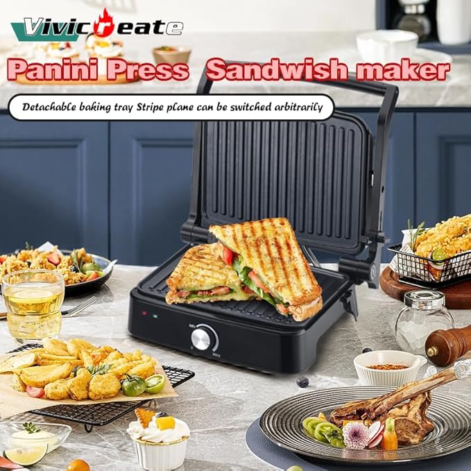 Vivicreate 5-in-1 Contact Grill Panini Press Nonstick Electric Grill Adjustable Temperature Removable Plates Portable for Sandwiches Steak Breakfast Parrilla eléctrica prensa de panini sándwiches