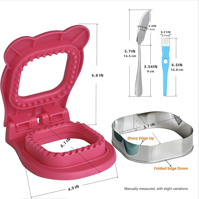 Sandwich Cutter and Sealer - 3.7" Circle & Square Pocket Sandwich Maker, Intuitive & Easy-to-Use for Boys &Girls, Perfect for Breakfast & Lunchboxes (Fuchsia, Square)