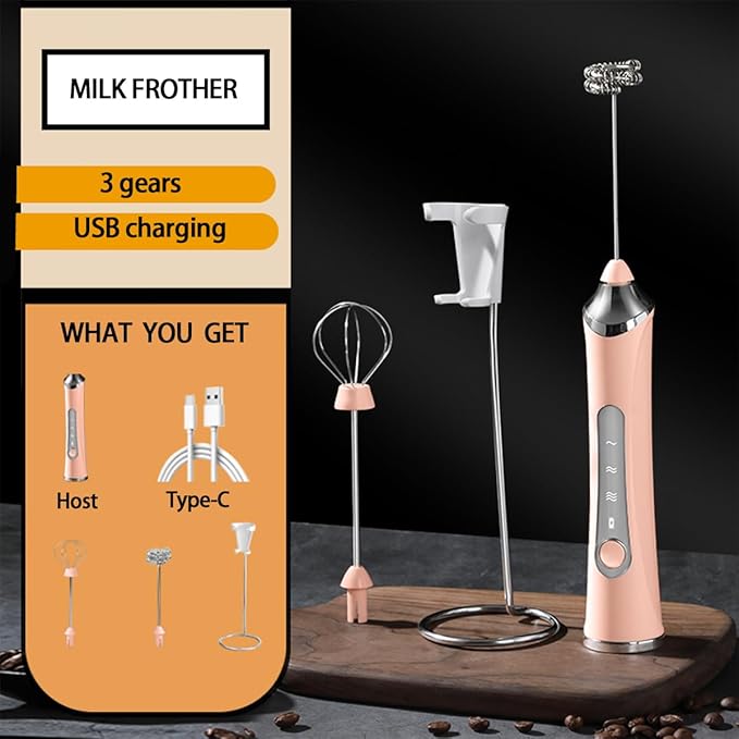 Rechargeable Milk Frother Handheld For Coffee,3 Speeds Frother Wand With Stand, Batidora De Mano Electrica, With 2 Heads,Drink Mixer Electric Handheld,Kitchen Essentials (Pink)