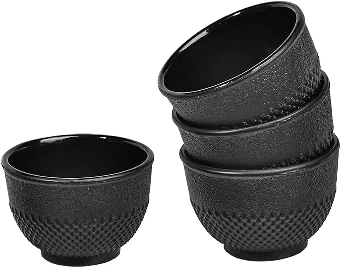 Sungmor Cast Iron Teacups - Set of 4 & 5 Ounce Japanese Style Tea Cups - Heavy Weight Black Polka Dot Teacups - Coated with Enameled Interior Vintage Teacups for Households, Offices, Tea House