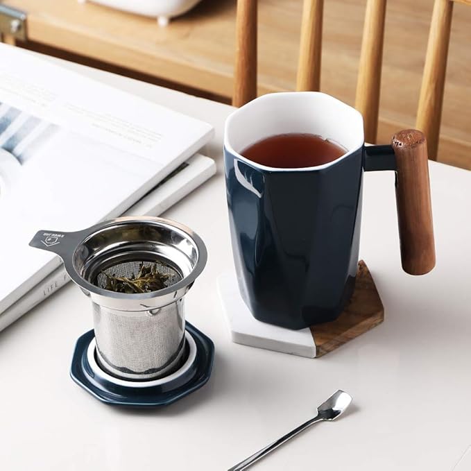 Sweejar Ceramic Tea Infuser Cup with Lid, Wooden Handle Teacup with Strainers for Loose Leaf Tea, 17 oz Geometric Shape Coffee Mug, Steeping Mug with Infuser, Women Christmas Gift (Navy)