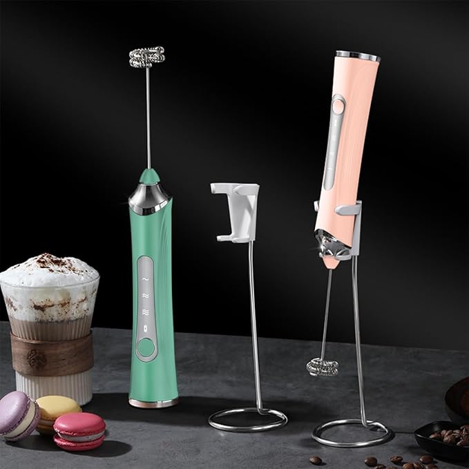 Rechargeable Milk Frother Handheld For Coffee,3 Speeds Frother Wand With Stand, Batidora De Mano Electrica,With 2 Heads,Drink Mixer Electric Handheld,Kitchen Essentials (Green)
