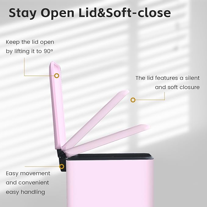 30L/Slim 8 Gallon Stainless Steel Trash Can with Soft-Close Lid & Removable Inner Bucket, Fingerprint-Proof, Odor-Controlled Kitchen Bathroom & Office Waste Bin, Pink