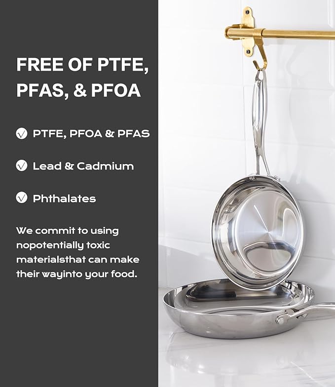 Stainless Steel 8 Inch Frying Pan NonToxic Tri-play Non-toxic Skillets Professional Cookware with Stainless Lids,Stay Cool Handles,Induction Dishwasher & Oven Safe PFOA Free