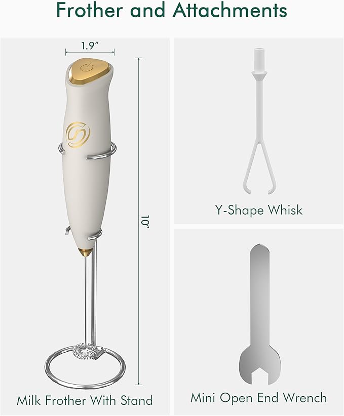 Milk Frother With Stand Milk Frother Wand Coffee Frother Handheld Drink Mixer Handheld with 2 Whisks Electric Whisk Stirrers Electric Milk Frother for Coffee Mixer Wand Milk Foamer-White/Gold