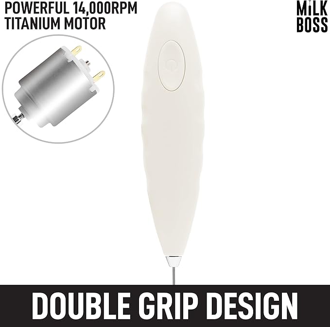 Milk Boss Milk Frother for Coffee - Comfort Grip Matcha Whisk - Electric Matcha Mixer and Mixer Electric Handheld - Coffee Frother Handheld - Electric Drink Mixer With Batteries Included (White)