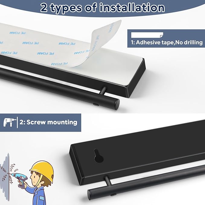 23 inch magnetic knife holder with 15 hooks, No Drilling black knife magnetic strip and utensil hanger for wall, Powerful knife magnet rack include tape and screws