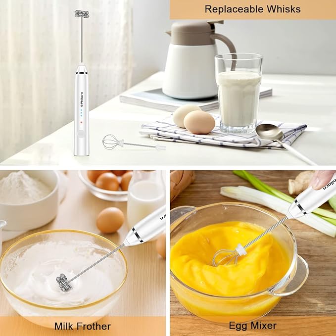 Philorn Milk Frother Wand Handheld Rechargeable Electric Whisk Coffee Drink Mixer, Mini Foamer for Lattes, Cappuccino, Frappe, Matcha, Hot Chocolate, Protein Powder, Keto Diet (White)