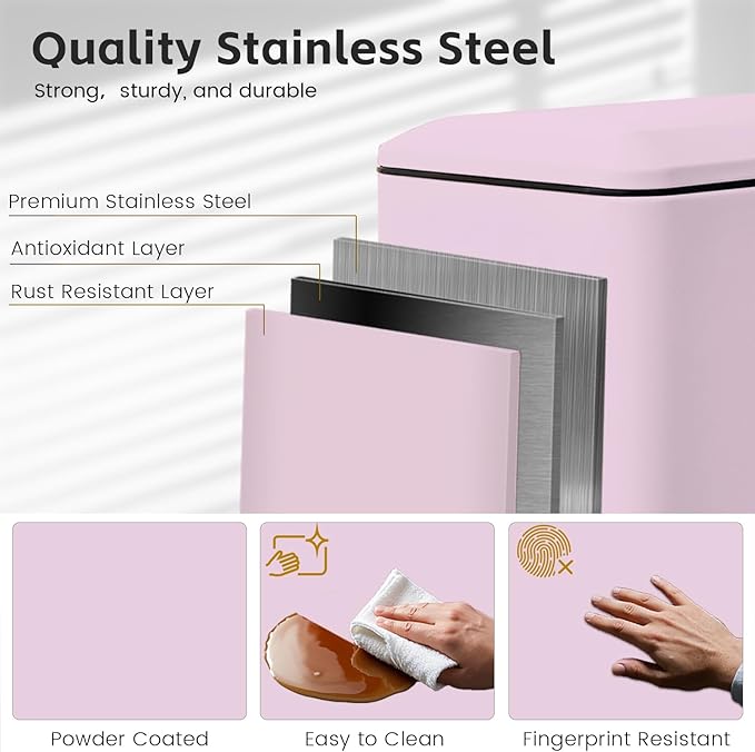 30L/Slim 8 Gallon Stainless Steel Trash Can with Soft-Close Lid & Removable Inner Bucket, Fingerprint-Proof, Odor-Controlled Kitchen Bathroom & Office Waste Bin, Pink