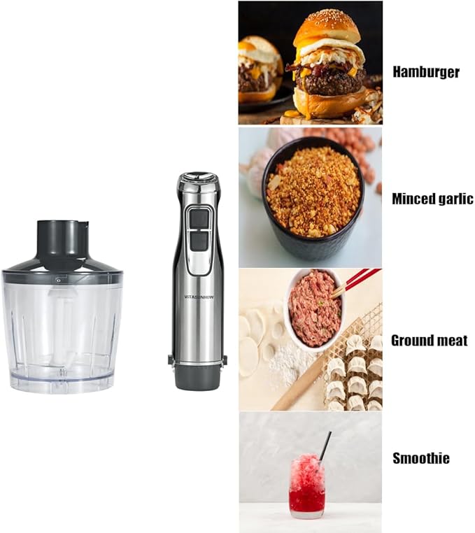4-in-1 Immersion Hand Blender, 500W Stainless Steel Stick Blender with 6-Speed, Turbo Mode, BPA-Free Food Chopper, 600ml Beaker & Whisk