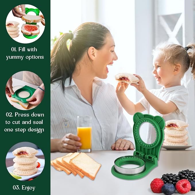 Sandwich Cutter and Sealer, Kids Bread Decruster, DIY Cookie Cutter, Great for Lunchbox and Bento Box - Green