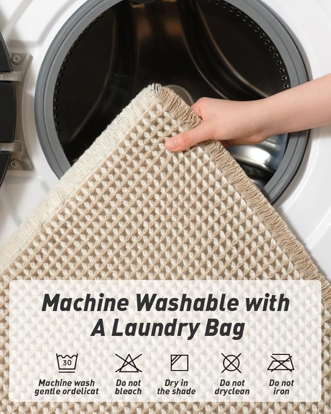AMOAMI Upgraded Waffle Runner Rug Super Absorbent Non Slip Bath Mats for Bathroom Machine Washable Bathroom Runner Rug with Tassels, Ideal for Hallway Bedroom Laundry Room, 17" x 48", Brown & Cream