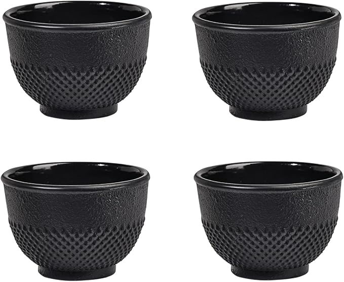 Sungmor Cast Iron Teacups - Set of 4 & 5 Ounce Japanese Style Tea Cups - Heavy Weight Black Polka Dot Teacups - Coated with Enameled Interior Vintage Teacups for Households, Offices, Tea House