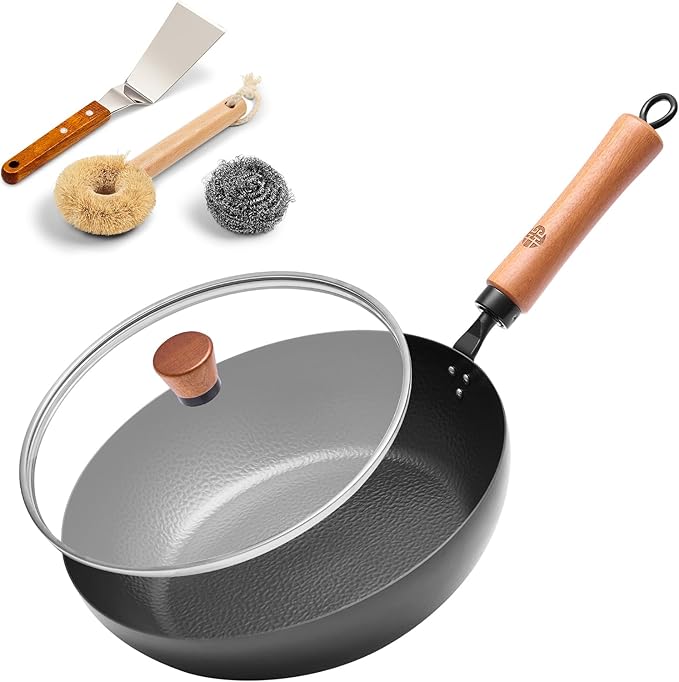 WANGYUANJI 11" Iron Skillet with Glass Lid & Griddle Spatula, Flat-Bottom Frying Pan, Uncoated & Unseasoned, Induction/Gas/Electric Compatible, Wooden Handle (Seasoning Required)