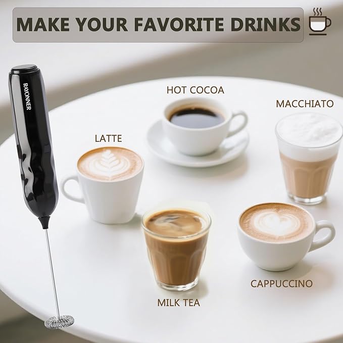 RAYONNER Milk Frother Handheld Fast Powerful Drink Mixer with Stainless Steel Whisk for Coffee, Battery Operated (Black)