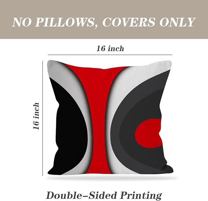 Modern Art Geometric Pillow Cover, Decorative Throw Pillow Covers Black Red Abstract Artwork Cushion Cover for Bedroom Sofa Living Room 16 x 16 Inch Set of 2