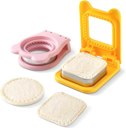 2 Pack Sandwich Cutters For Kids Lunch，Home DIY Round& Square Crustless Sandwich Cutter, 3.7 Inches Sandwich Sealer for Breakfast Lunch, Pink and Yellow