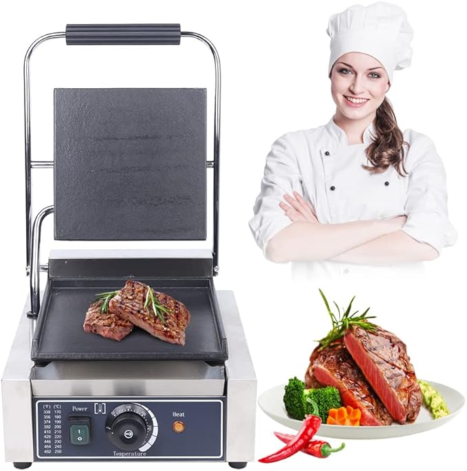 Commercial Panini Grill, 110V 1800W Electric Single Sandwich Press Gril with Temp Control Smooth Flat Surface Sandwich Maker for Restaurant Cafe