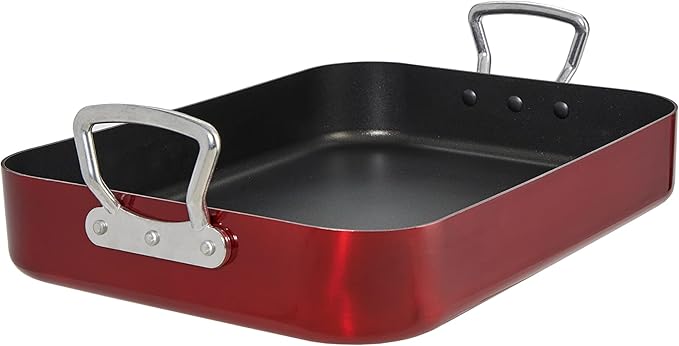Servappetit 20 lb. Roasting Pan with Rack, Non-Stick, Hard-anodized with teflon-coating, 15 5/8 in x 12 in x 2 6/8-in, Red