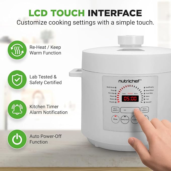 NutriChef Electric Pressure Cooker 6 Quart Capacity | 9 Function Digital Countertop Pressure Cooker | Adjustable Time & Temperature | Cook, Bake, Steam, & Braise | 13.1 x 11.4 IN | White