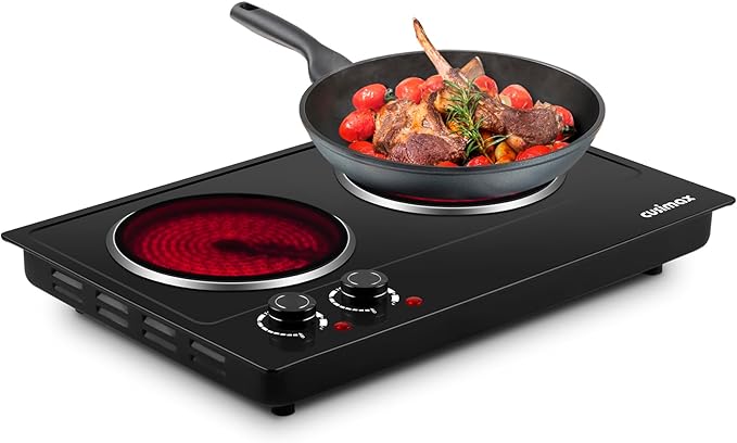 Double Burner, CUSIMAX Hot Plates for Cooking, 1800 Watts Electric Ceramic Infrared Cooktop, Portable Countertop Burner, Glass Plate, Heat-Up in Seconds, Stainless Steel Upgraded Version