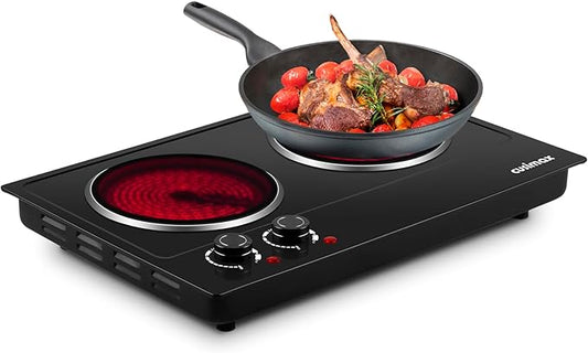 Double Burner, CUSIMAX Hot Plates for Cooking, 1800 Watts Electric Ceramic Infrared Cooktop, Portable Countertop Burner, Glass Plate, Heat-Up in Seconds, Stainless Steel Upgraded Version