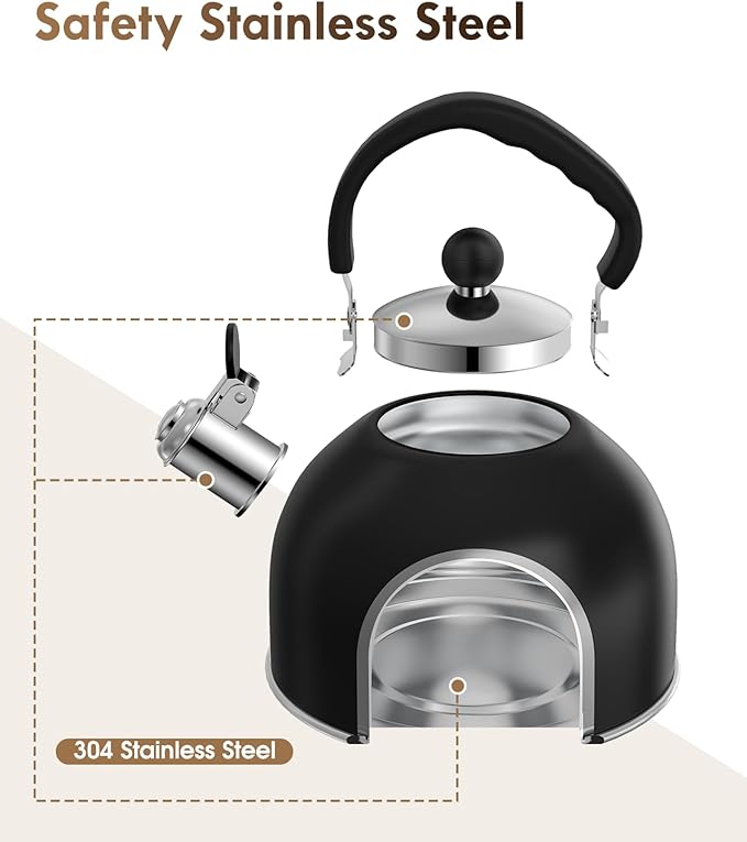 Premium Stainless Steel Tea Kettle for Stove Top - 2 Quart Capacity, Efficient Heating, Audible Whistle, Safe Handle - Ideal for Hot Water & Tea(black)