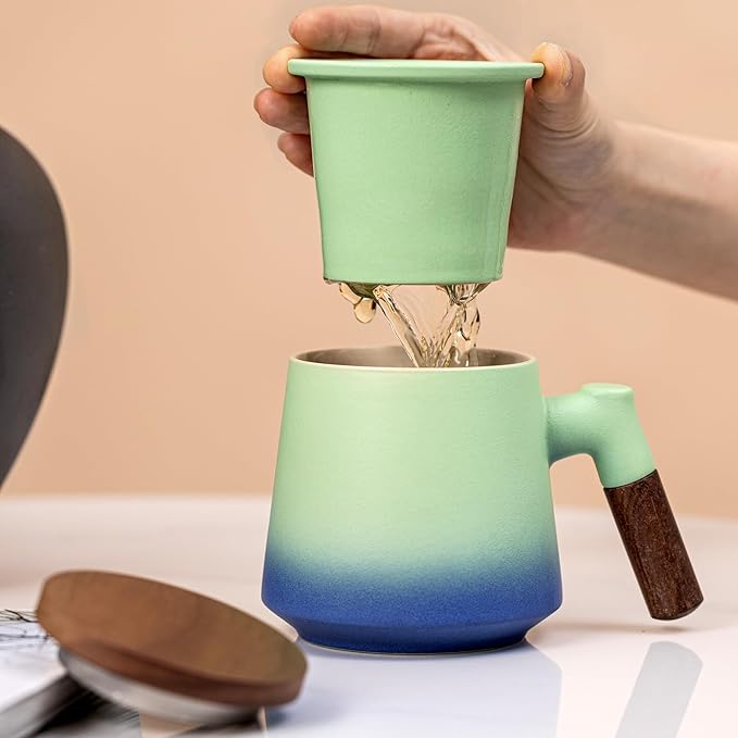 Tea Cup with Infuser and Lid 14oz - Kiln-Fired Ceramic Mug with Turquoise-Blue Gradient, Wood Lid & Handle Loose Leaf Tea Set, Anniversary Birthday Gift