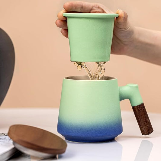 Tea Cup with Infuser and Lid 14oz - Kiln-Fired Ceramic Mug with Turquoise-Blue Gradient, Wood Lid & Handle Loose Leaf Tea Set, Anniversary Birthday Gift