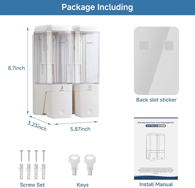Shampoo and Conditioner Dispenser Wall Mounted, Shower Soap Dispenser No Drill Upadate Easy Slot Install, Shampoo Dispenser for Shower Bathroom Large Capacity 500ml * 2 Chamber Holder White
