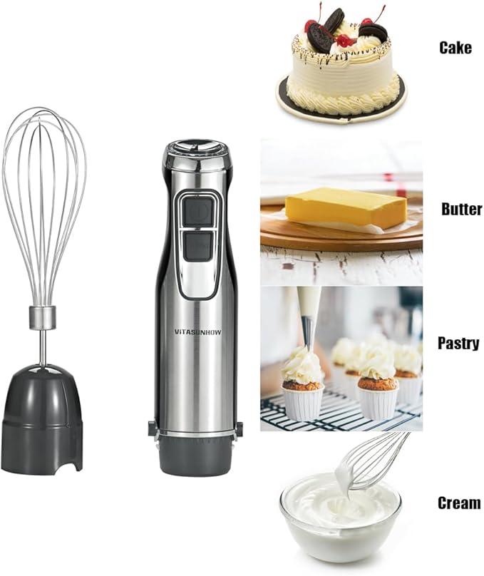 4-in-1 Immersion Hand Blender, 500W Stainless Steel Stick Blender with 6-Speed, Turbo Mode, BPA-Free Food Chopper, 600ml Beaker & Whisk