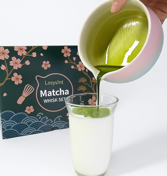 7-Piece Ceramic Matcha Set | Complete Matcha Tea Ceremony Kit with Bowl (Chawan) with Spout, Bamboo Whisk (Chasen) & More | Perfect Starter Kit & Gift for Matcha Lovers (Pink)