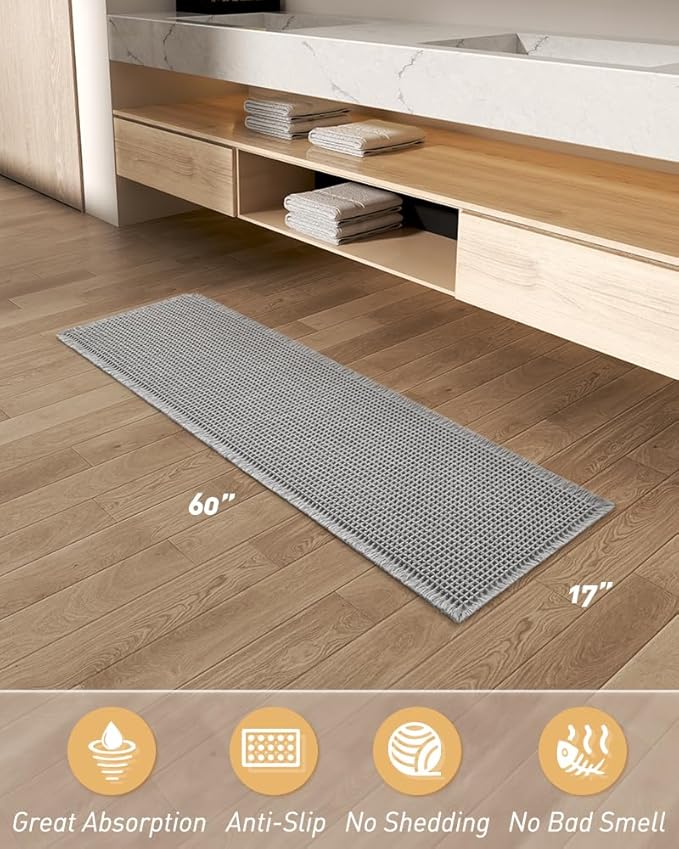 AMOAMI Upgraded Waffle Runner Rug Super Absorbent Non Slip Bath Mats for Bathroom Machine Washable Bathroom Runner Rug with Tassels, Ideal for Hallway Bedroom Laundry Room, Light Grey, 17" x 60"