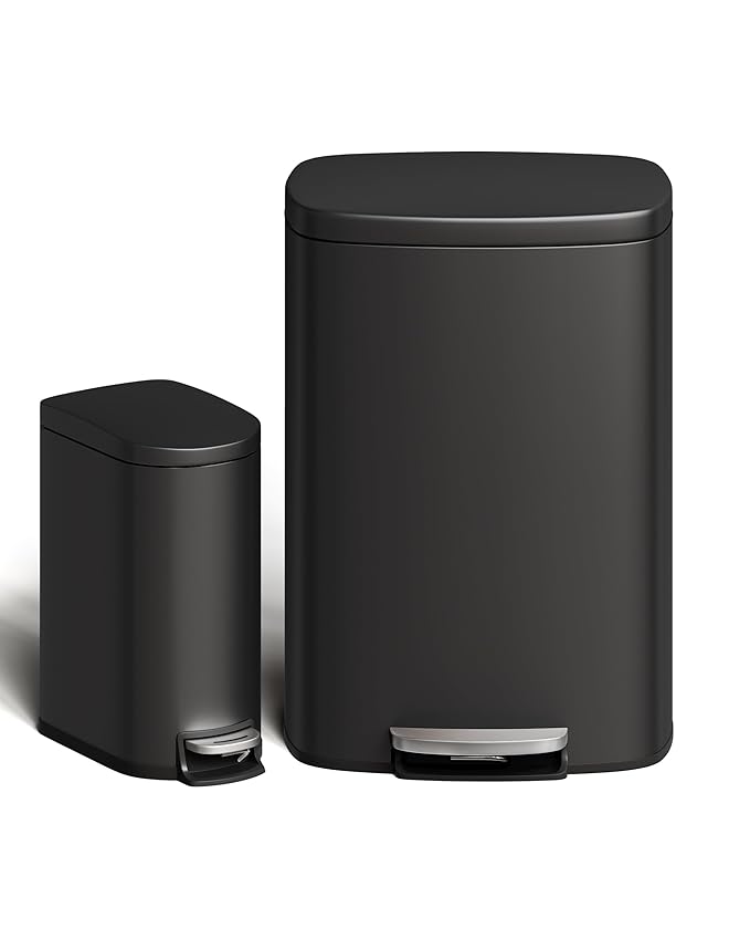Garvee 13 gal (50 L) and 2.6 gal (10 L) Metal Trash Can Combo Set, Rustproof Garbage Can with Lid, Step-on Trash Bin with Inner Bucket, Rear Handle, Black