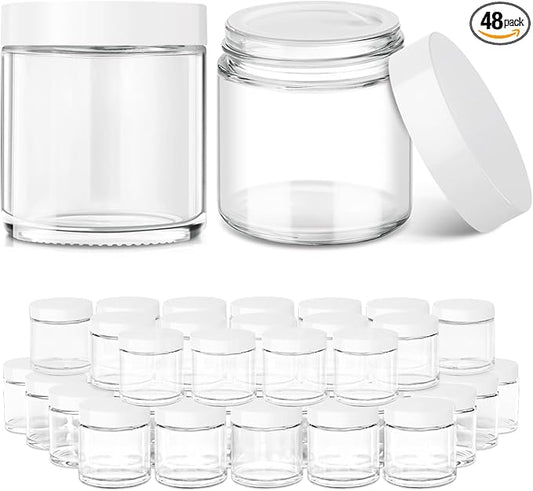 Tecohouse 4 oz Glass Jars with Lids, 48 Pack Clear Cream Canning Mason Jars with Lids, White Labels & Inner Liners, Empty Airtight Round Clear Slime Containers for Spice, Lotion, Ointments