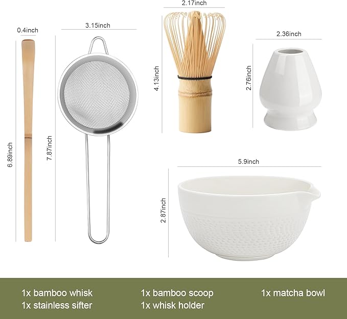 Matcha Whisk Set, Ceramic Matcha Set, Matcha Bowl with Spout, Matcha Whisk & Holder, Sifter and Bamboo Scoop, 5 Pcs Matcha Kit, Matcha Tea Ceremony Gifts for Matcha Lovers & Starter (White)