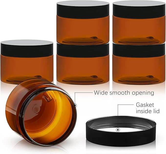 TUZAZO 4 Oz Amber Plastic Cosmetic Jars Leak Proof Small Container with lids for Cream, Lotion, Powder, Ointments, Beauty Products, 12 Pcs