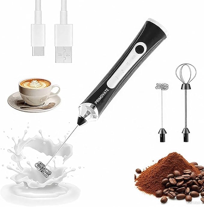 Handheld Milk Frother, Handheld Coffee Whisk, Low-Noise, USB Rechargeable, Black and White Color (Black without Stand)