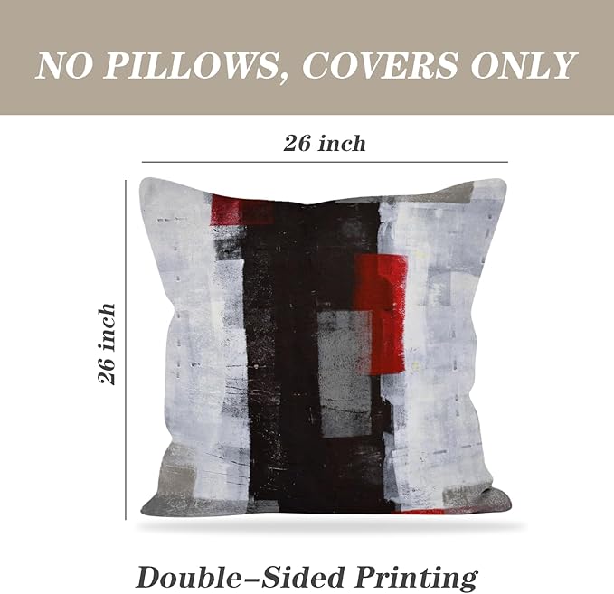 Red and Grey Pillow Cover, Modern Black White Decorative Throw Pillow Cushion Cover for Bedroom Sofa Living Room 26 x 26 Inch Set of 2