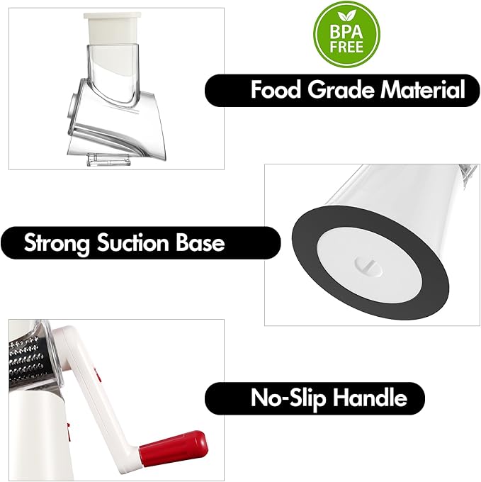 Rotary Cheese Grater Hand Crank, 3 in 1 Round Mandoline Slicer Potato Shredder Speed Vegetable Grinder for Nuts, Carrot, Hashbrown, Walnut, Cucumber, Chocalate (White Red)