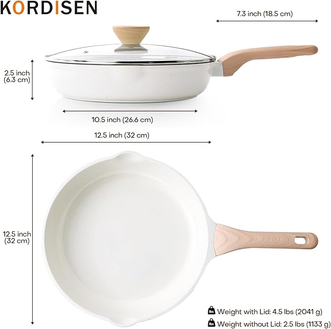 Nonstick Ceramic Frying Pan with Lid, 12.5 Inch Ceramic Large Skillet with Lid, Healthy Non Toxic Cooking Pan, Stay-Cool Handle, Induction Compatible, PFOA & PFAS Free, White