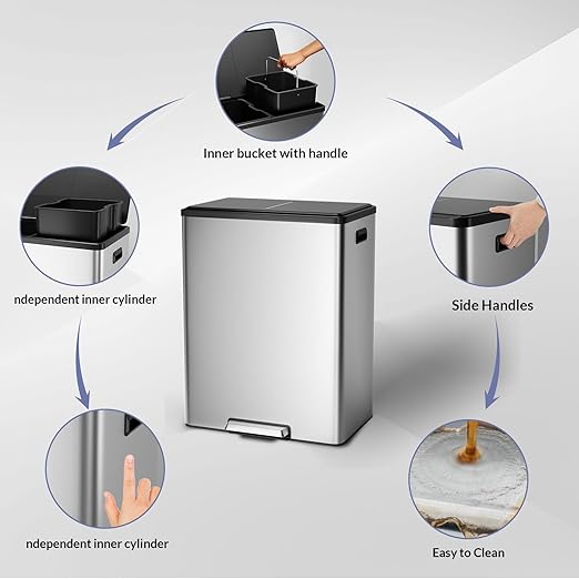 GarveeHome Step Dual Trash Can, 60 L/16 gal Recycle Bins with Lid, 2 Removable Wastebusket, Step Pedal, Large Stainless Steel Double Trash Bin for Kitchen, Bathroom