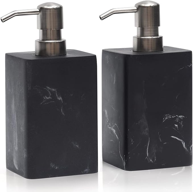 2Pcs 15Oz Black Marble Style Resin Soap Dispenser Set, Refillable Hand Soap Dispenser for Bathroom Countertop & Kitchen Home Decor- Black