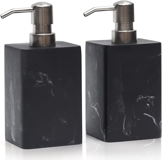 2Pcs 15Oz Black Marble Style Resin Soap Dispenser Set, Refillable Hand Soap Dispenser for Bathroom Countertop & Kitchen Home Decor- Black