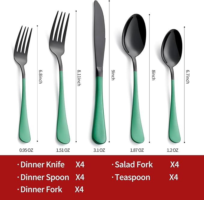 20-Piece Green Silverware Set - 18/0 Stainless Steel, Black Silverware Set With Green Handles - Dinner Knives, Forks, Spoons - Dishwasher Safe