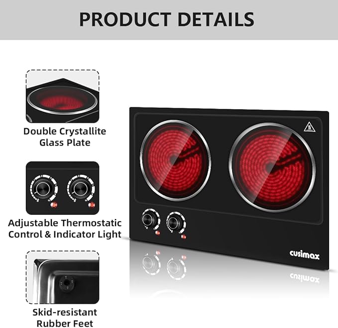 Double Burner, CUSIMAX Hot Plates for Cooking, 1800 Watts Electric Ceramic Infrared Cooktop, Portable Countertop Burner, Glass Plate, Heat-Up in Seconds, Stainless Steel Upgraded Version