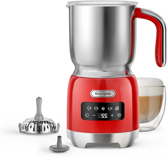 Hazel Quinn Milk Frother - Milk Steamer with Adjustable Temperature & Foam Thickness, Dishwasher Safe, Detachable Base, for Latte/Cappuccino/Hot Chocolate, Cold Foam, 400ML (13.5OZ) - Ruby Red